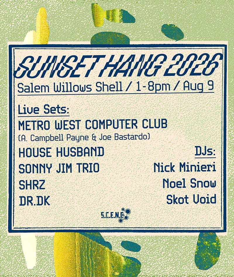 Flyer for Sunset Hang music festival. Sonny Jim Trio will be playing August 9th at the Salem Willows at 3pm